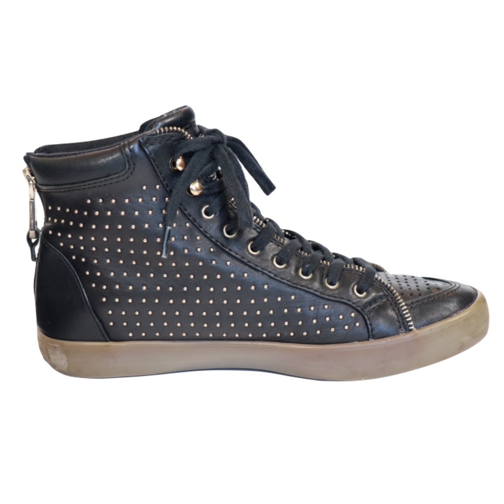 Ankle zip black leather hi top sneakers with gold detailing